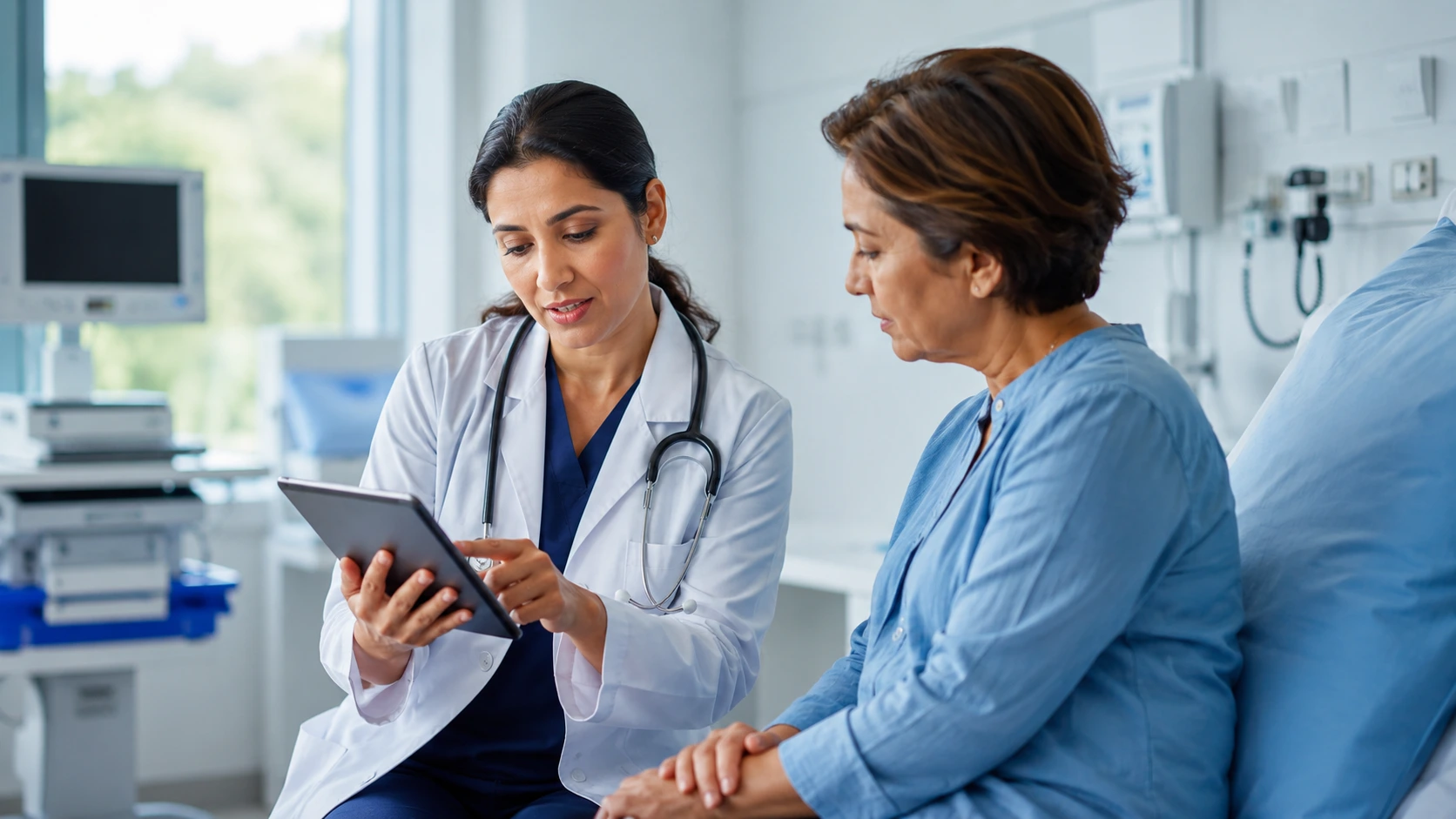 A physician reviewing clinical trial information with a patient