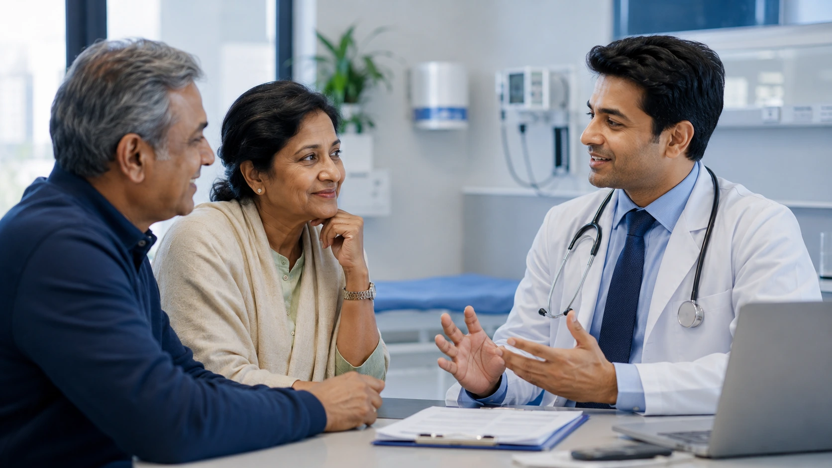 A patient and caregiver discussing health information with a physician