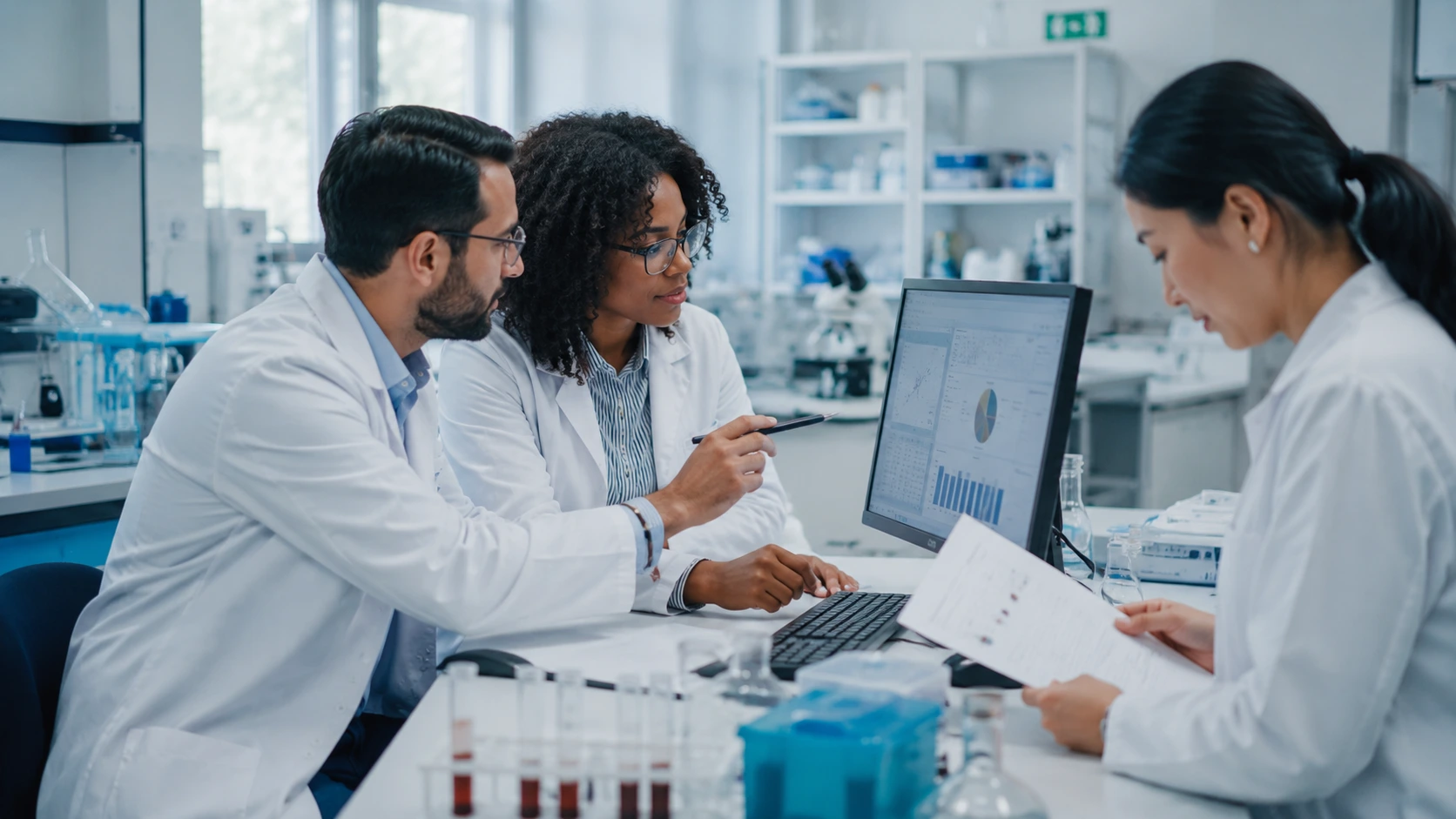 A diverse clinical research team reviewing study data together
